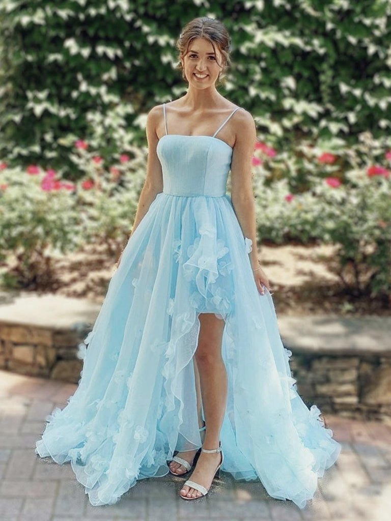 Spaghetti Straps Blue High Low Tulle Prom Dresses, Spaghetti