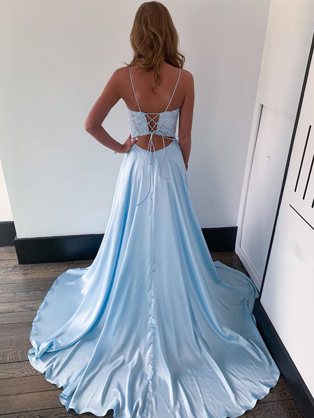 Spaghetti Straps Blue Lace Prom Dresses, Blue Lace Formal Evening Dresses