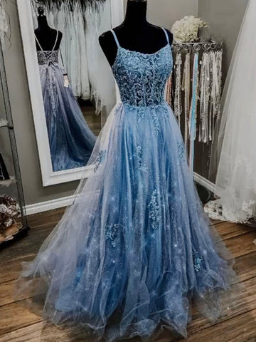 Spaghetti Straps Blue Lace Prom Dresses, Blue Lace Long Formal Graduation Dresses