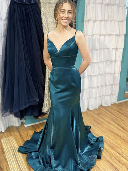 Spaghetti Straps Blue Satin Long Prom Dresses, Blue Satin Long Formal Evening Dresses