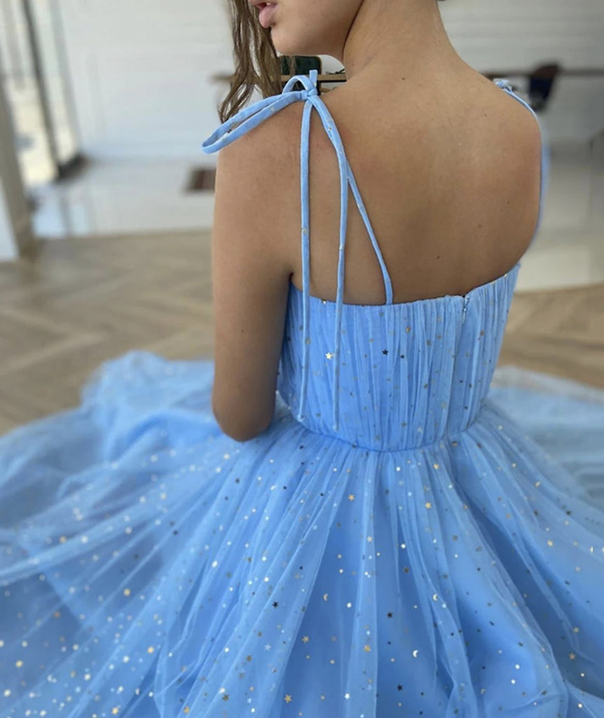 Spaghetti Straps Blue Tea Length Tulle Prom Dresses, Blue Tea length F jbydress Spaghetti Straps Blue Tea Length Tulle Prom Dresses, Blue Tea length F jbydress