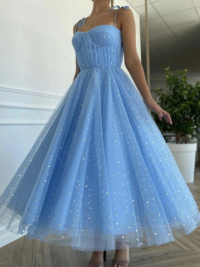Spaghetti Straps Blue Tea Length Tulle Prom Dresses, Blue Tea length Formal Homecoming Dresses