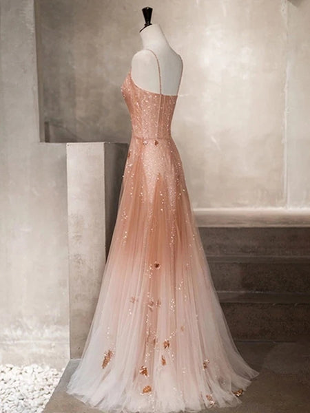 Spaghetti Straps Champagne Tulle Long Beaded Prom Dresses, A Line V Neck Champagne Formal Evening Dresses