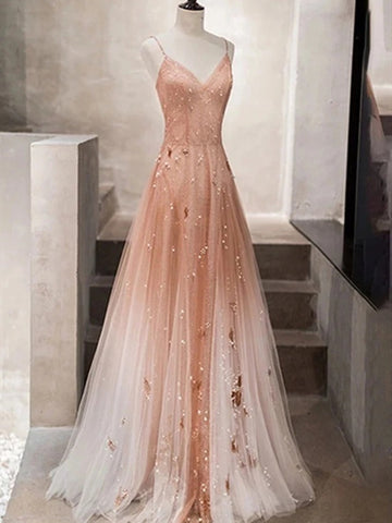 Spaghetti Straps Champagne Tulle Long Beaded Prom Dresses, A Line V Neck Champagne Formal Evening Dresses