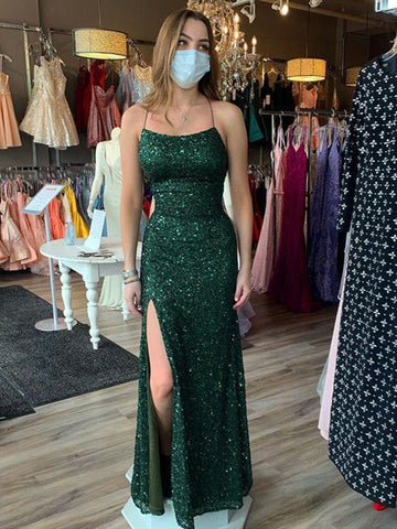Spaghetti Straps Emerald Green Mermaid Long Prom Dresses, Emerald Green Mermaid Long Formal Graduation Dresses