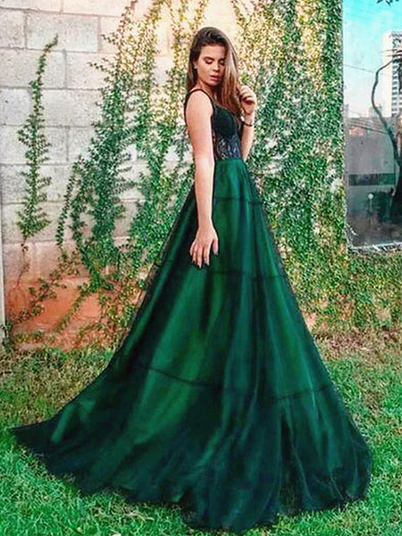 Spaghetti Straps Green Tulle Prom Dresses with Appliques Lace, Green Lace Formal Graduation Dresses