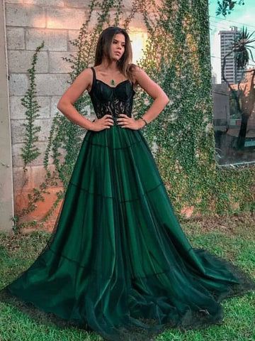 Spaghetti Straps Green Tulle Prom Dresses with Appliques Lace, Green Lace Formal Graduation Dresses