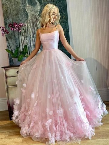 Spaghetti Straps Pink Tulle Floral Long Prom Dresses, Pink Tulle Long Flower Formal Evening Dresses