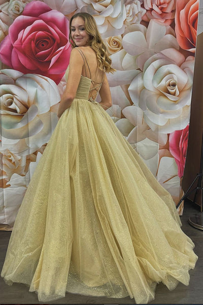 Spaghetti Straps Rose Golden Tulle Prom Dresses, Champagne Tulle Long Formal Evening Dresses