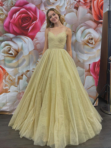 Spaghetti Straps Rose Golden Tulle Prom Dresses, Champagne Tulle Long Formal Evening Dresses