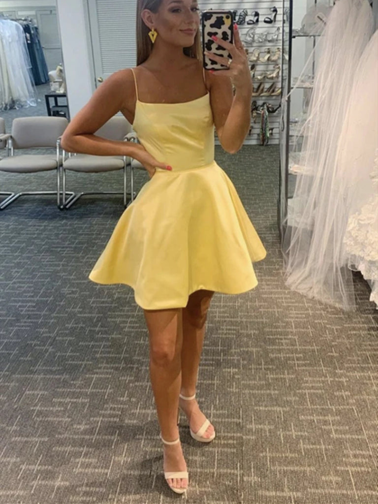 Spaghetti Straps Short Yellow Prom Dresses, Short Yellow Graduation Ho jbydress Spaghetti Straps Short Yellow Prom Dresses, Short Yellow Graduation Ho jbydress