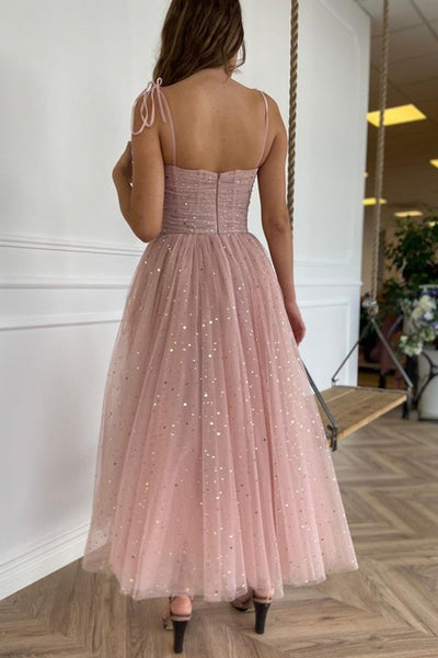 Spaghetti Straps Tea Length Pink Prom Dresses, Tea Length Pink Tulle Formal Homecoming Dresses