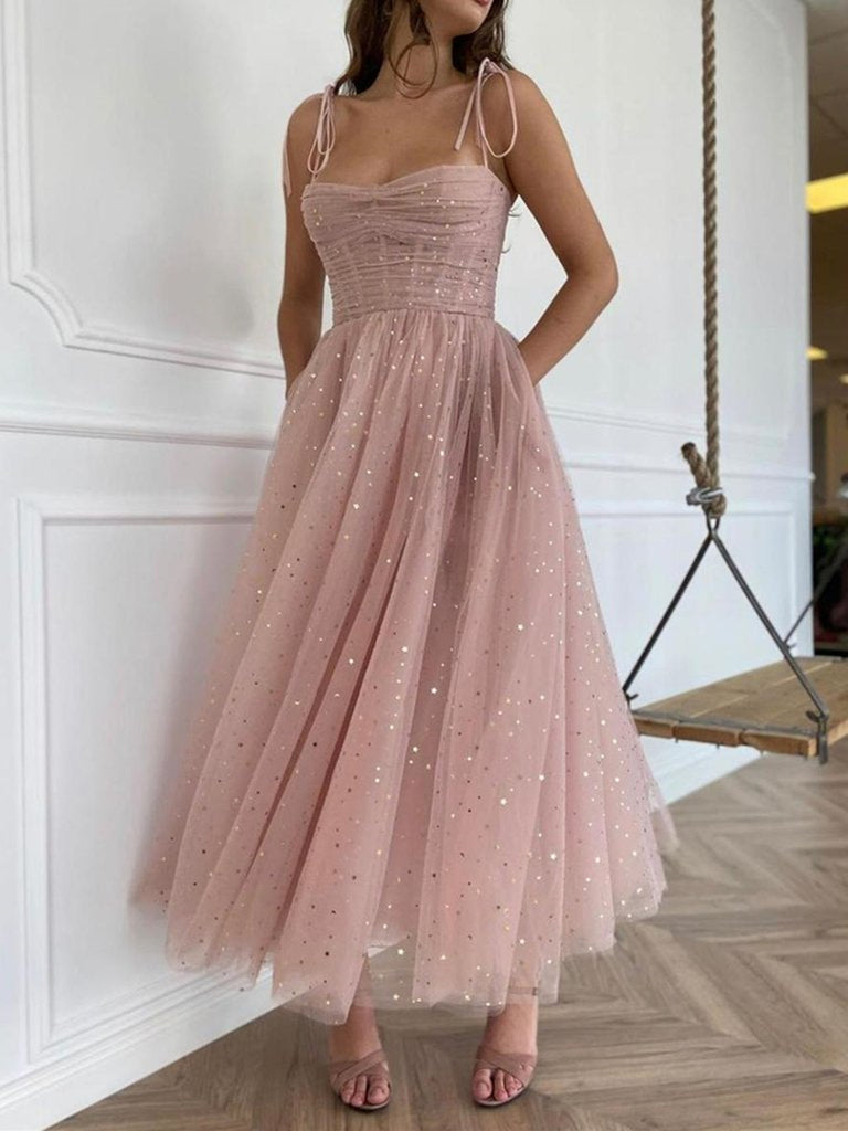 Spaghetti Straps Tea Length Pink Prom Dresses, Tea Length Pink Tulle F jbydress Spaghetti Straps Tea Length Pink Prom Dresses, Tea Length Pink Tulle F jbydress