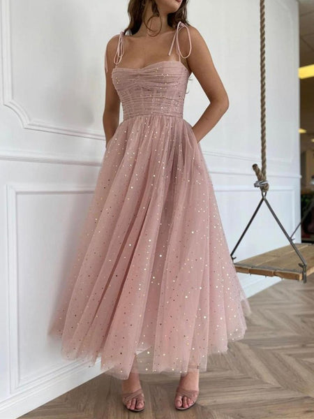 Spaghetti Straps Tea Length Pink Prom Dresses, Tea Length Pink Tulle Formal Homecoming Dresses