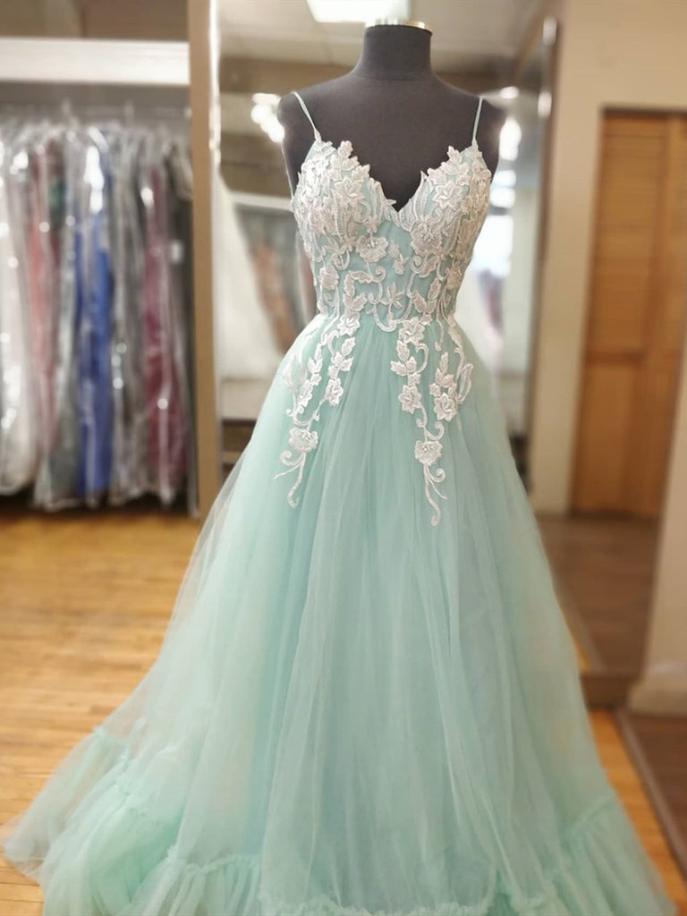 Spaghetti Straps V Neck Mint Green Lace Prom Dresses, Mint Green Lace jbydress Spaghetti Straps V Neck Mint Green Lace Prom Dresses, Mint Green Lace jbydress