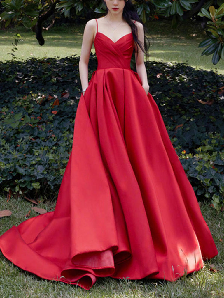 Spaghetti Straps V Neck Red Satin Prom Dresses, Red V Neck Satin Long Formal Graduation Dresses