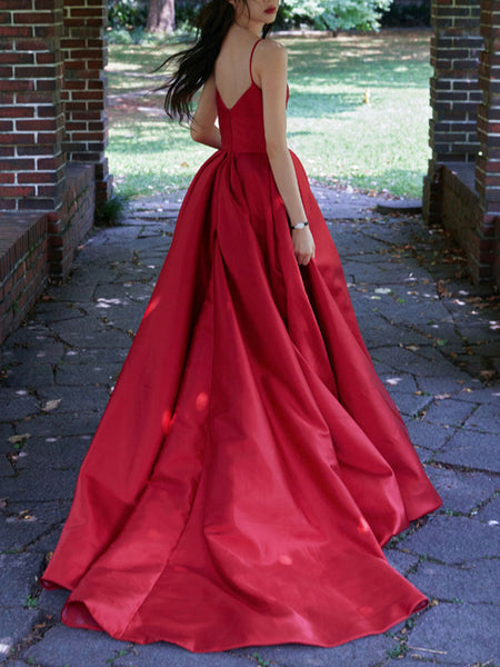 Spaghetti Straps V Neck Red Satin Prom Dresses, Red V Neck Satin Long Formal Graduation Dresses