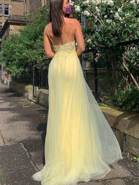 Spaghetti Straps V Neck Yellow Lace Prom Dresses, Open Back Yellow Lace Formal Evening Dresses