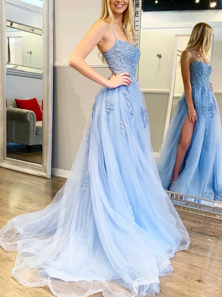 Spaghetti Straps Backless Blue Lace Prom Dresses, Open Back Light Blue Lace Formal Evening Dresses