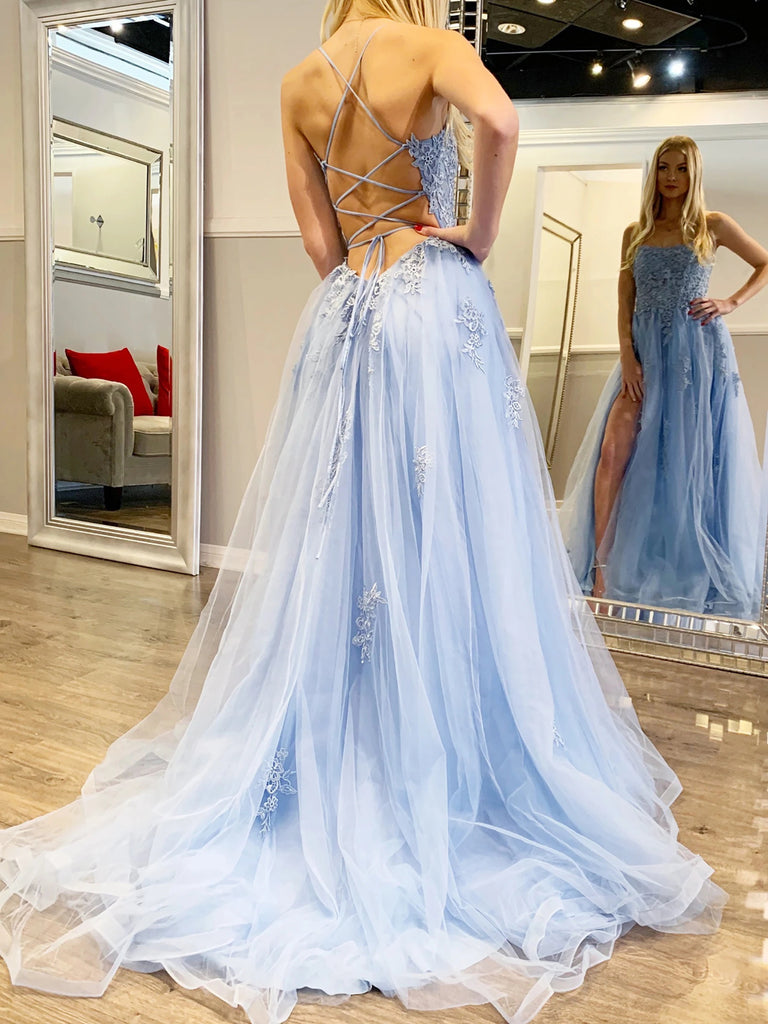 Spaghetti Straps Backless Blue Lace Prom Dresses, Open Back Light
