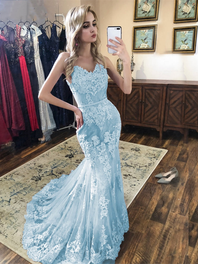 Spaghetti Straps Mermaid Blue Lace Prom Dresses, Mermaid Blue Lace For jbydress Spaghetti Straps Mermaid Blue Lace Prom Dresses, Mermaid Blue Lace For jbydress