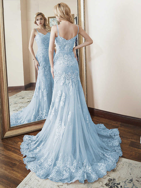 Spaghetti Straps Mermaid Blue Lace Prom Dresses, Mermaid Blue Lace Formal Evening Dresses