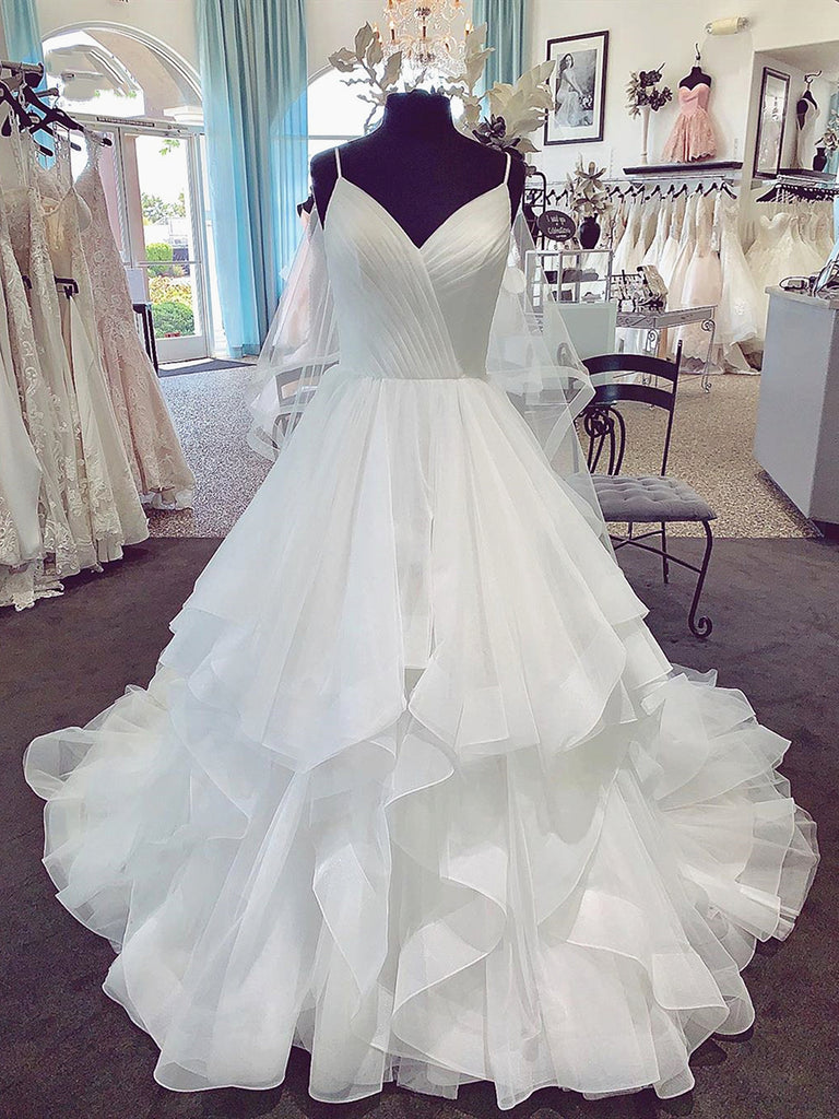 Spaghetti Straps V Neck White Wedding Dresses, V Neck White Puffy Wedd jbydress Spaghetti Straps V Neck White Wedding Dresses, V Neck White Puffy Wedd jbydress