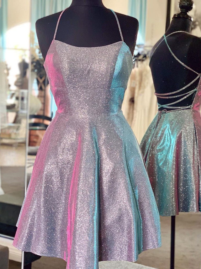 purple and silver homecoming dresses Berylove Women Halter Sequin Homecoming Dress Dark Purple A Line Satin Cocktail Dress