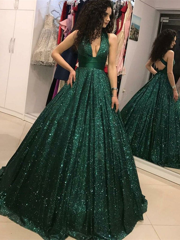 Sparkly A Line V Neck Open Back Dark Green Prom Dress, Backless Green jbydress Sparkly A Line V Neck Open Back Dark Green Prom Dress, Backless Green jbydress