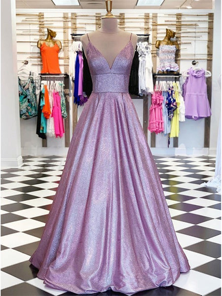 Sparkly A Line V Neck Purple Long Prom Dresses, Shiny Purple Long Formal Evening Dresses