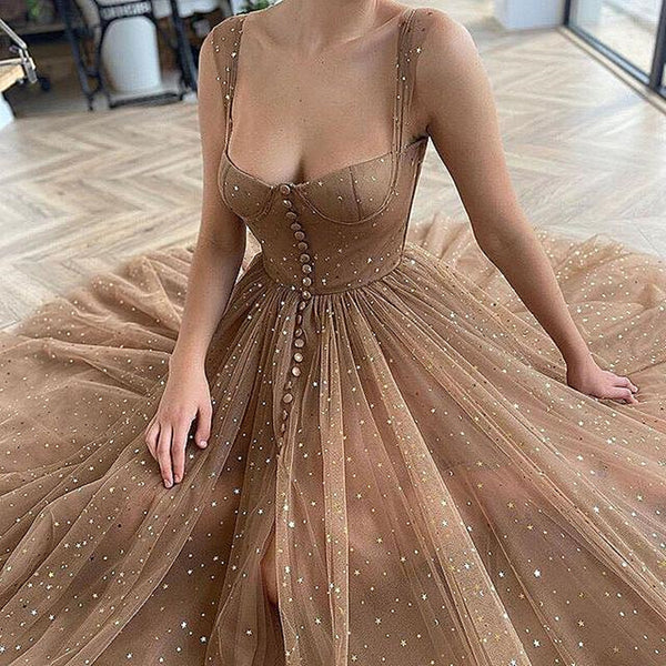 Sparkly Champagne Tea Length Tulle Prom Dresses, Champagne Tea Length Formal Graduation Dresses