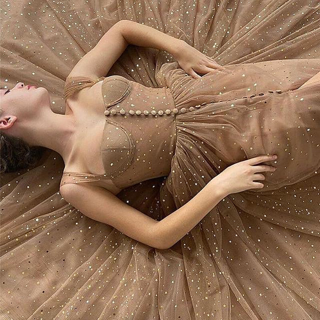 Sparkly Champagne Tea Length Tulle Prom Dresses, Champagne Tea Length – jbydress