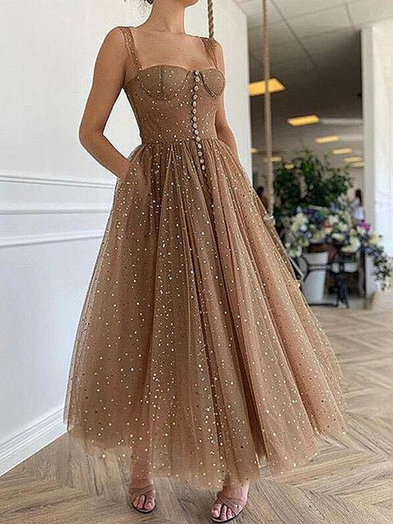 Sparkly Champagne Tea Length Tulle Prom Dresses, Champagne Tea Length jbydress Sparkly Champagne Tea Length Tulle Prom Dresses, Champagne Tea Length jbydress