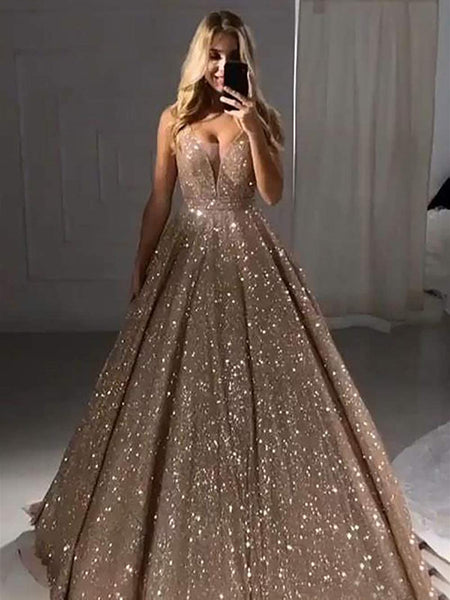 Sparkly V Neck Burgundy Champagne Long Prom Dresses with Train, Shiny Long Formal Evening Dresses