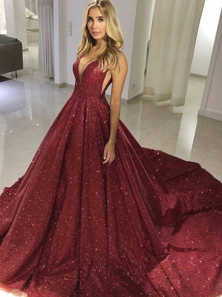 Sparkly V Neck Burgundy Champagne Long Prom Dresses with Train, Shiny