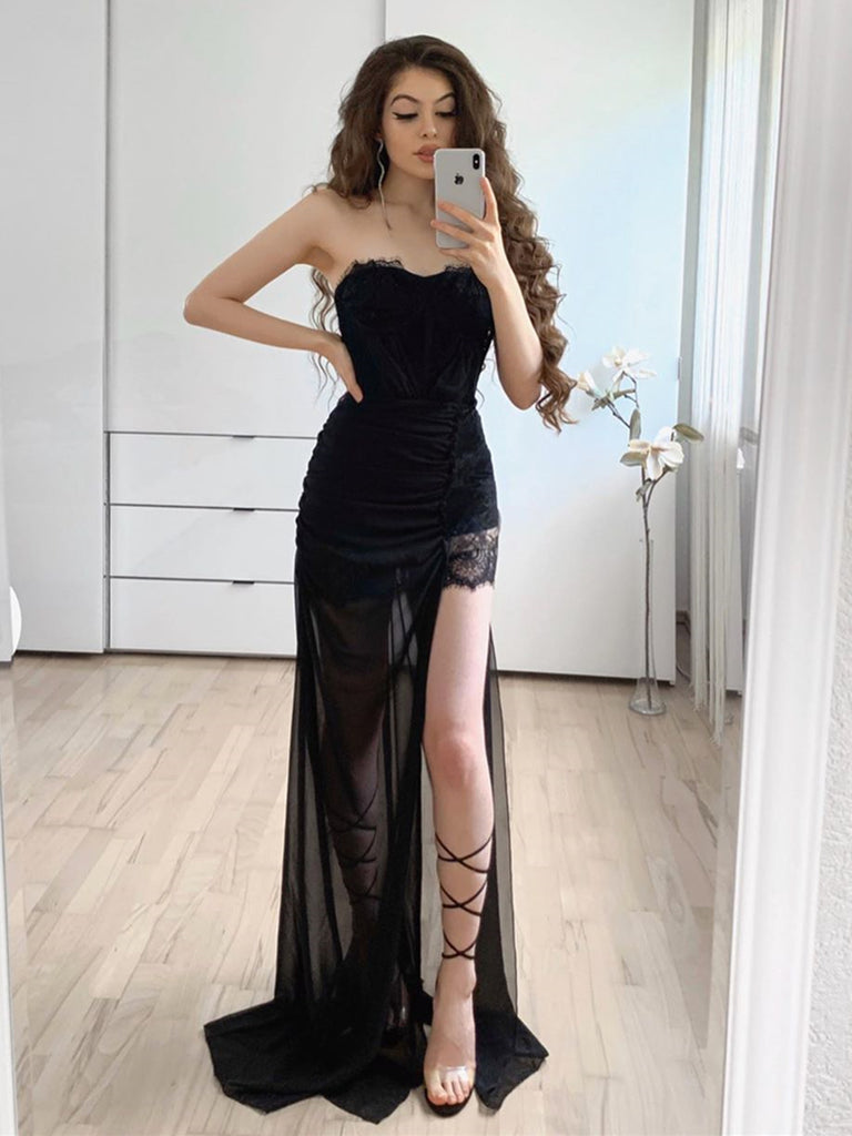 Strapless Black Lace Prom Dresses, Black Lace Formal Evening Bridesmai jbydress Strapless Black Lace Prom Dresses, Black Lace Formal Evening Bridesmai jbydress