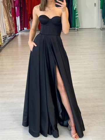 Strapless Black Satin Long Prom Dresses, Black Satin Long Formal Evening Dresses