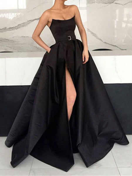 Strapless Black Satin Long Prom Dresses with High Leg Slit, Black Satin Long Formal Evening Dresses