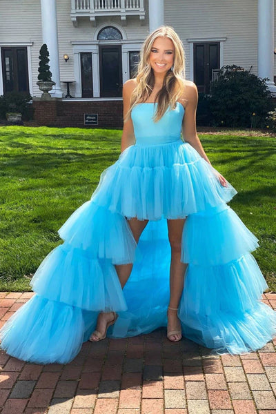 Strapless Blue High Low Tulle Prom Dresses, Blue Tulle High Low Formal Graduation Dresses