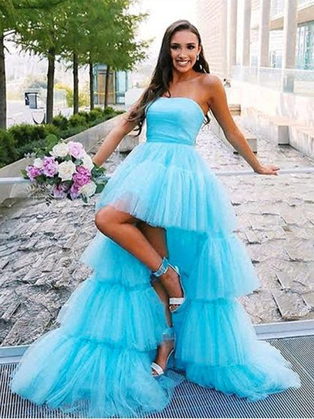 Strapless Blue High Low Tulle Prom Dresses, Blue Tulle High Low Formal Graduation Dresses