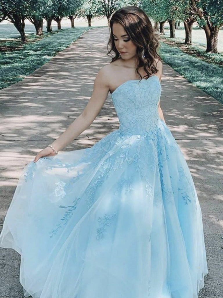 light blue prom dress strapless A-Line Satin Long with Bow See long sweetheart formal dresses with lace Amarra 89423 | Strapless A-Line