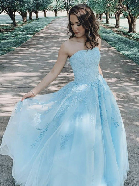 Strapless Blue Lace Prom Dresses, Strapless Long Blue Lace Formal Evening Dresses