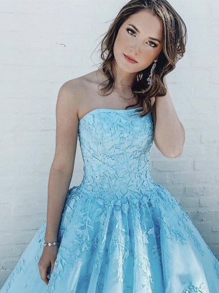 Strapless Blue Lace Prom Dresses, Strapless Long Blue Lace Formal Evening Dresses