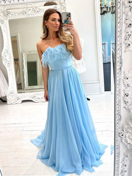 Strapless Blue Long Prom Dresses, Strapless Blue Long Formal Graduation Dresses