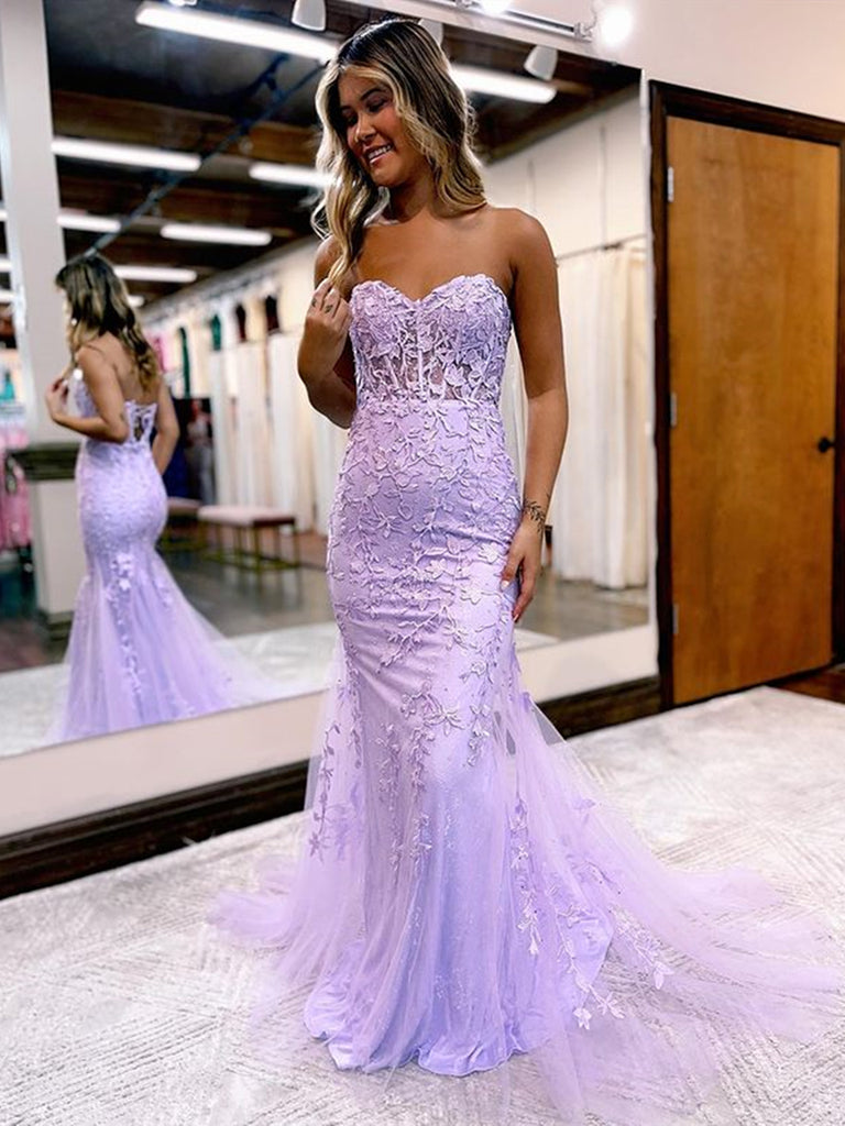Strapless Blue Pink Red Purple Lace Mermaid Prom Dresses, Lace Mermaid jbydress Strapless Blue Pink Red Purple Lace Mermaid Prom Dresses, Lace Mermaid jbydress