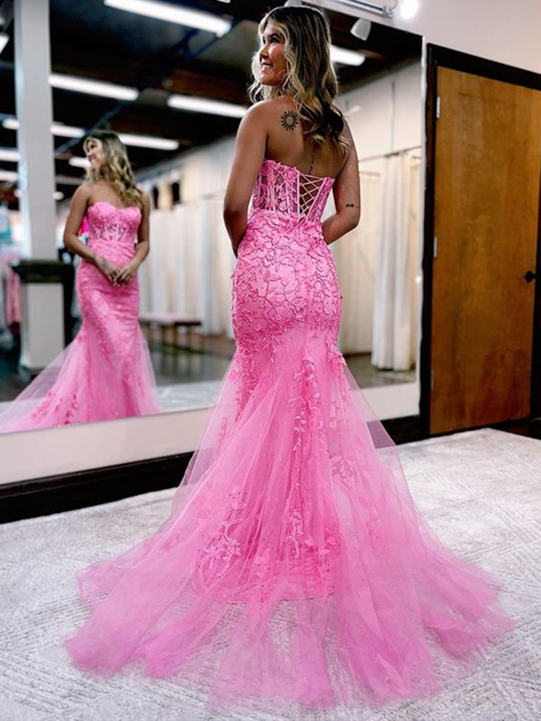 Strapless Blue Pink Red Purple Lace Mermaid Prom Dresses, Lace Mermaid jbydress Strapless Blue Pink Red Purple Lace Mermaid Prom Dresses, Lace Mermaid jbydress