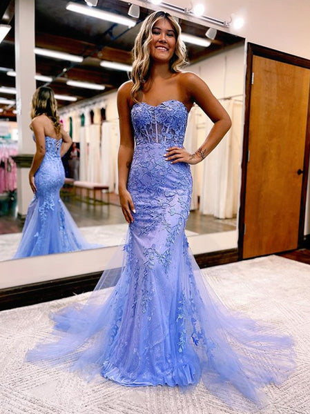 Strapless Blue Pink Red Purple Lace Mermaid Prom Dresses, Lace Mermaid Formal Evening Dresses