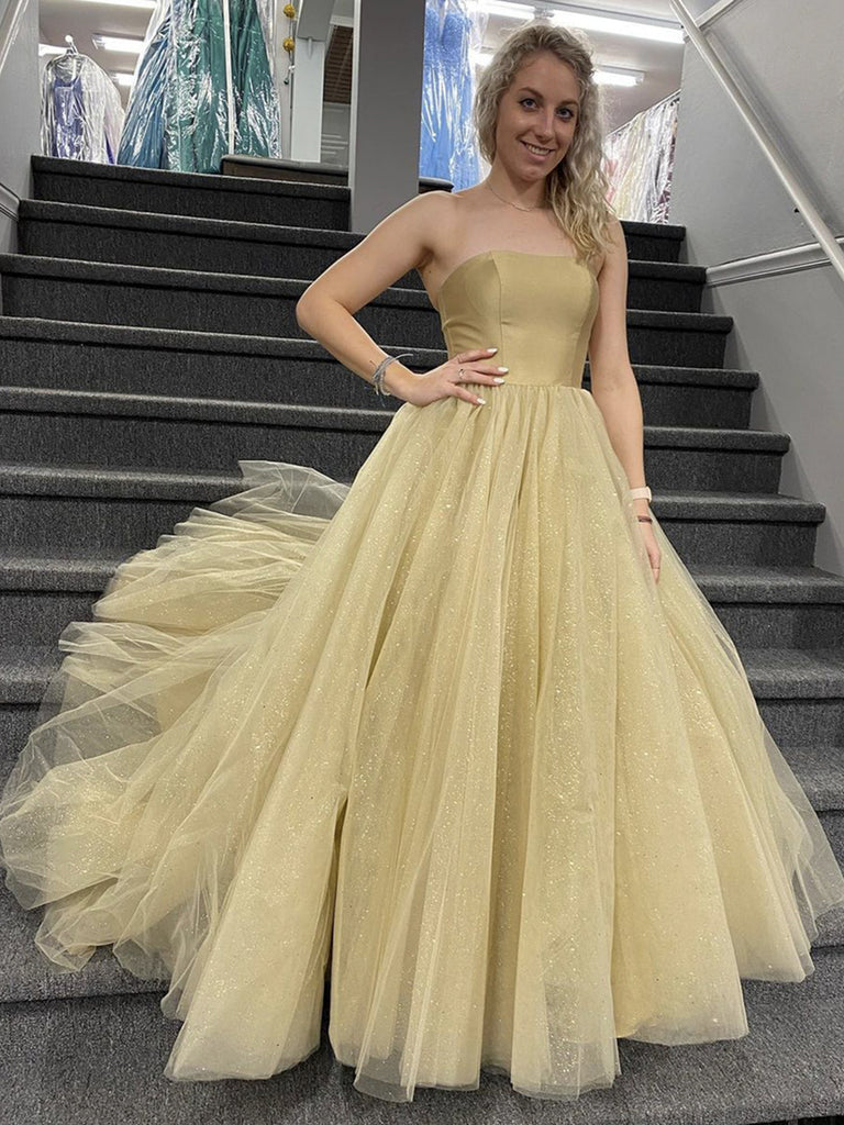 Strapless Champagne Tulle Prom Dresses, Champagne Tulle Formal Evening Dresses