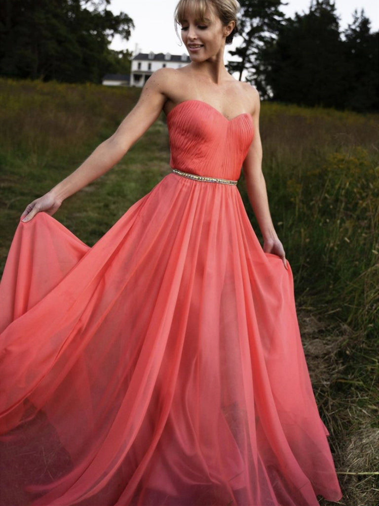 Strapless Coral Long Prom Dresses, Coral Long Formal Evening Dresses