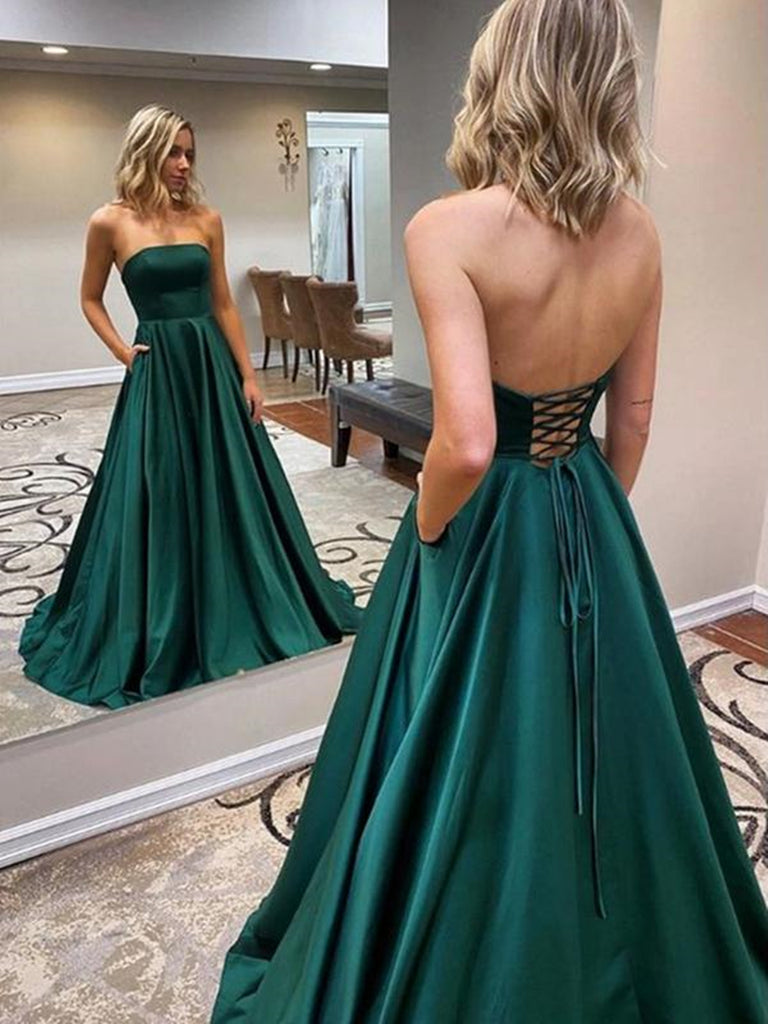 Strapless Dark Green Long Prom Dresses, Emerald Green Long Formal Graduation Dresses